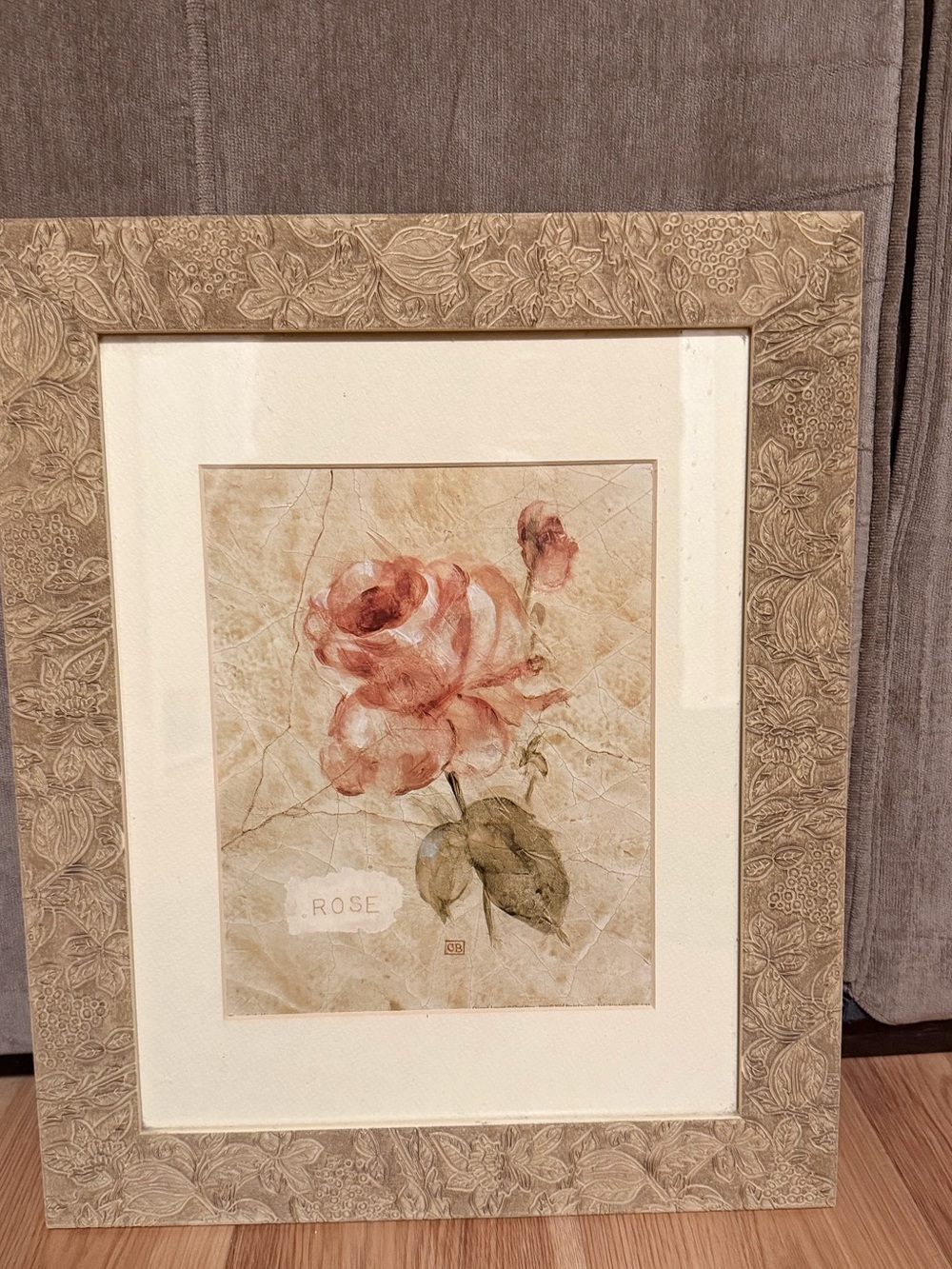 Vintage Cheri Blum "Rose on Cracked Linen" Framed Art – 17x14